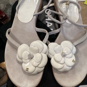 Chanel off white sandals with white patent leather flowers